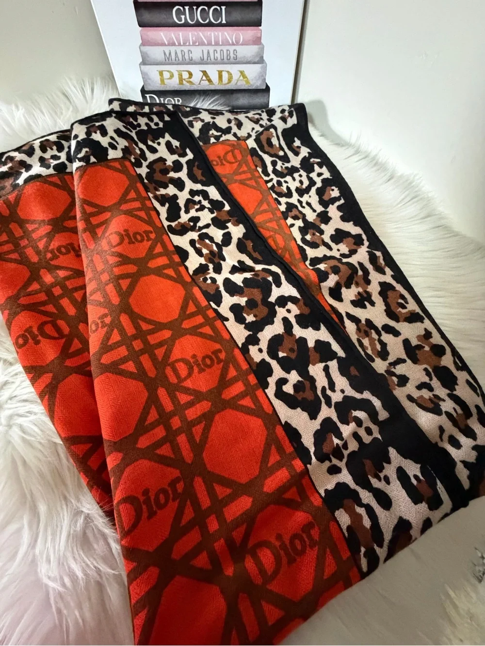 Dior Orange and Brown Logo Pattern Wool/Silk/Cashmere blend Scarf.